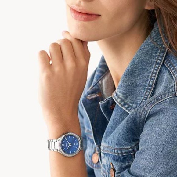 A11-NIB Ashtyn Fossil 3 hand Remix Stainless Steel 36mm Watch Blue Pearl Face - Picture 4 of 6